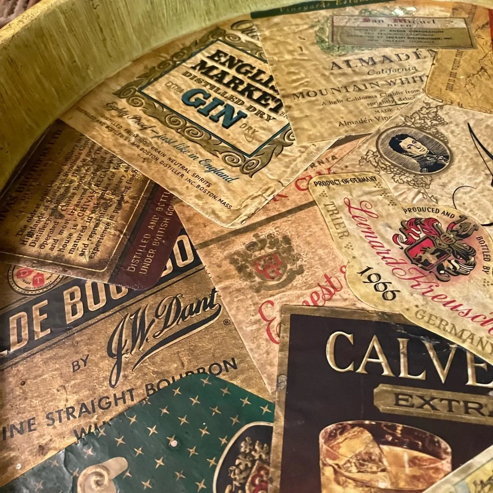 Vintage Liquor Labels Tin Metal Tray Decoupaged 13.5” Wide Unique Bar Decor